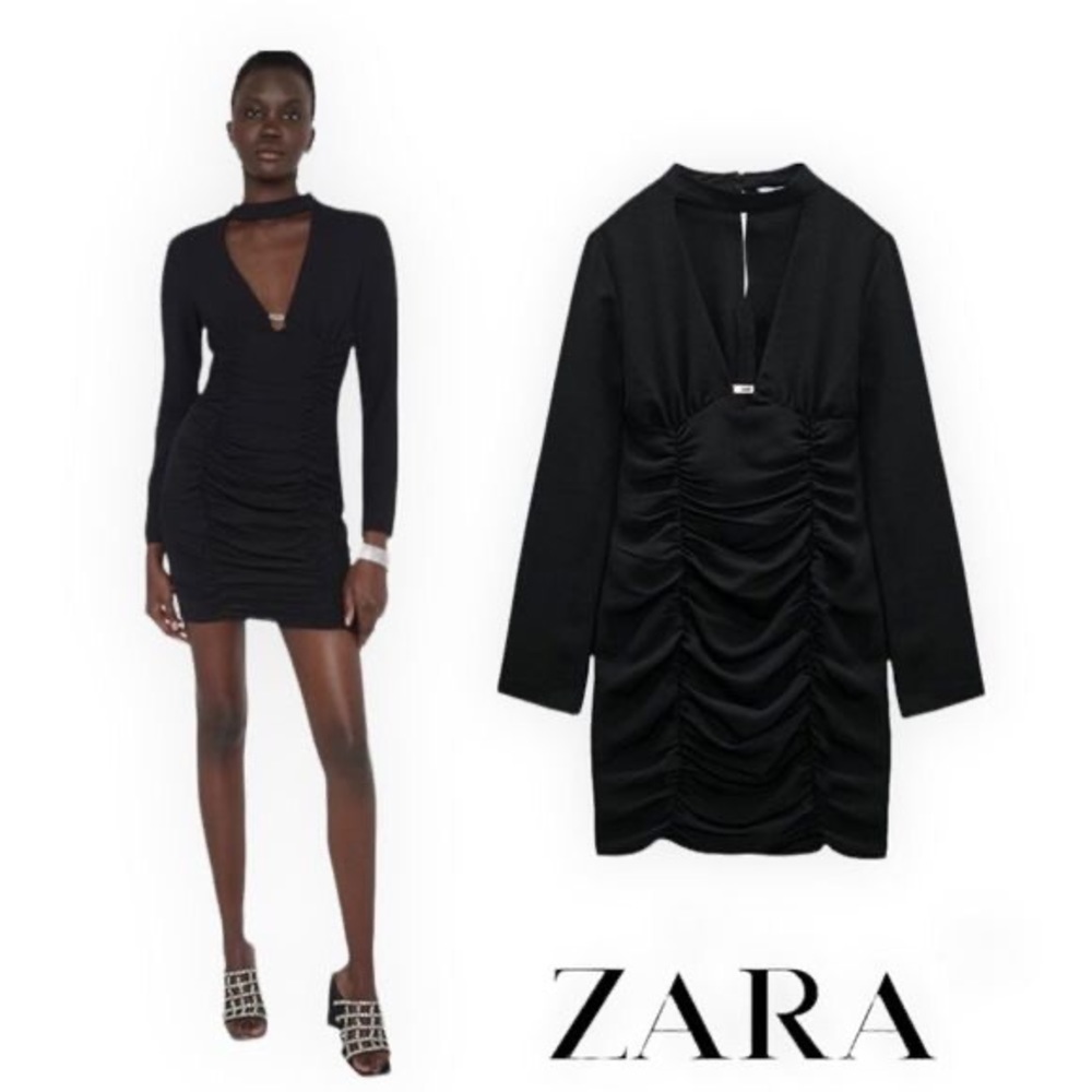 Zara Womn XS Black Long Sleeve High Neck Cutout Draped Rhinestone Mini Dress NWT